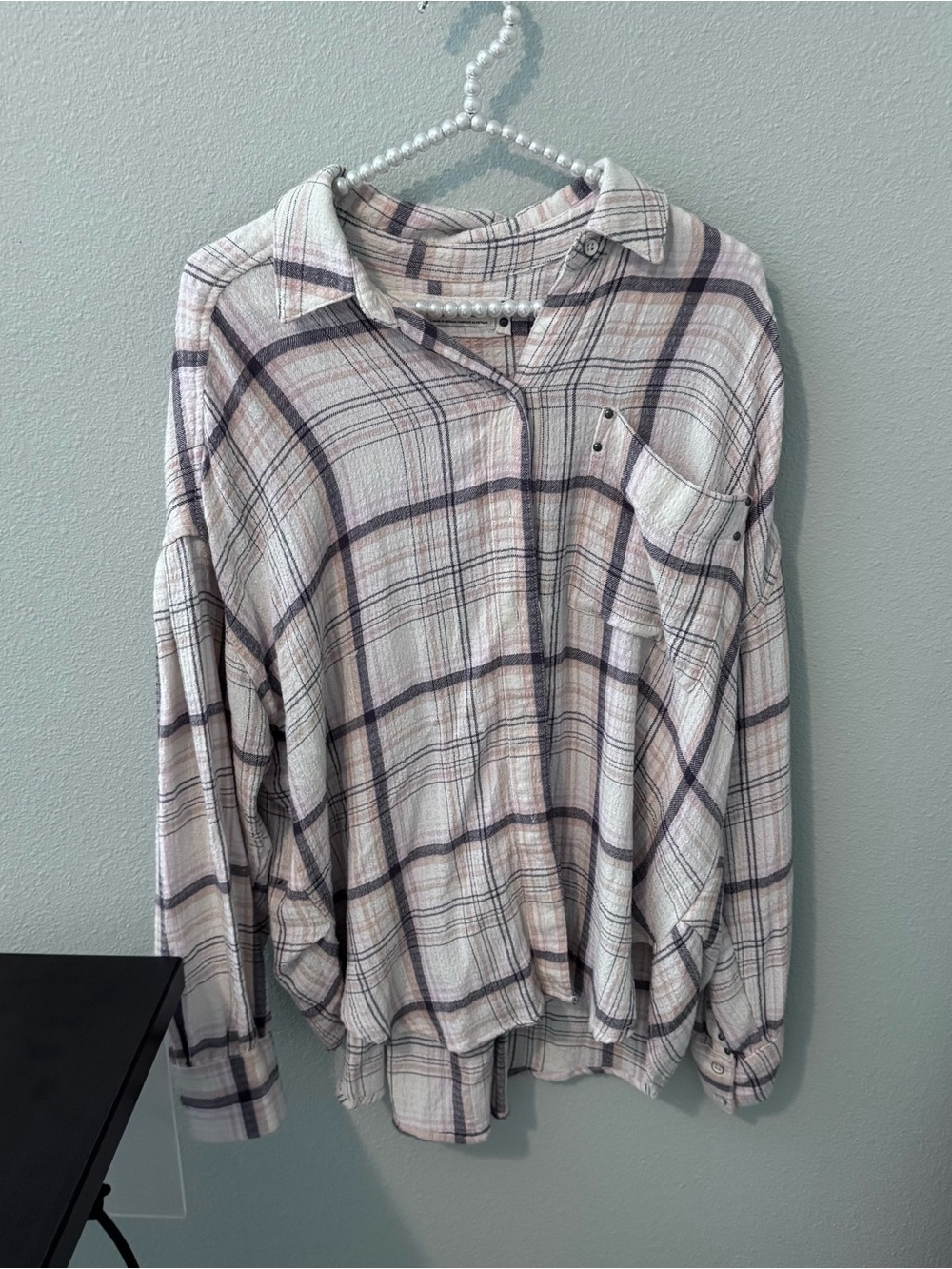 Free People Ivory and Pink Plaid Button-Up Shirt